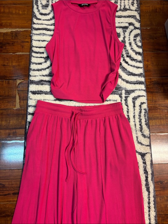 BTFBM Pants - Ribbed Sleeveless Crop Top & Drawstring Pants Set - Hot Pink